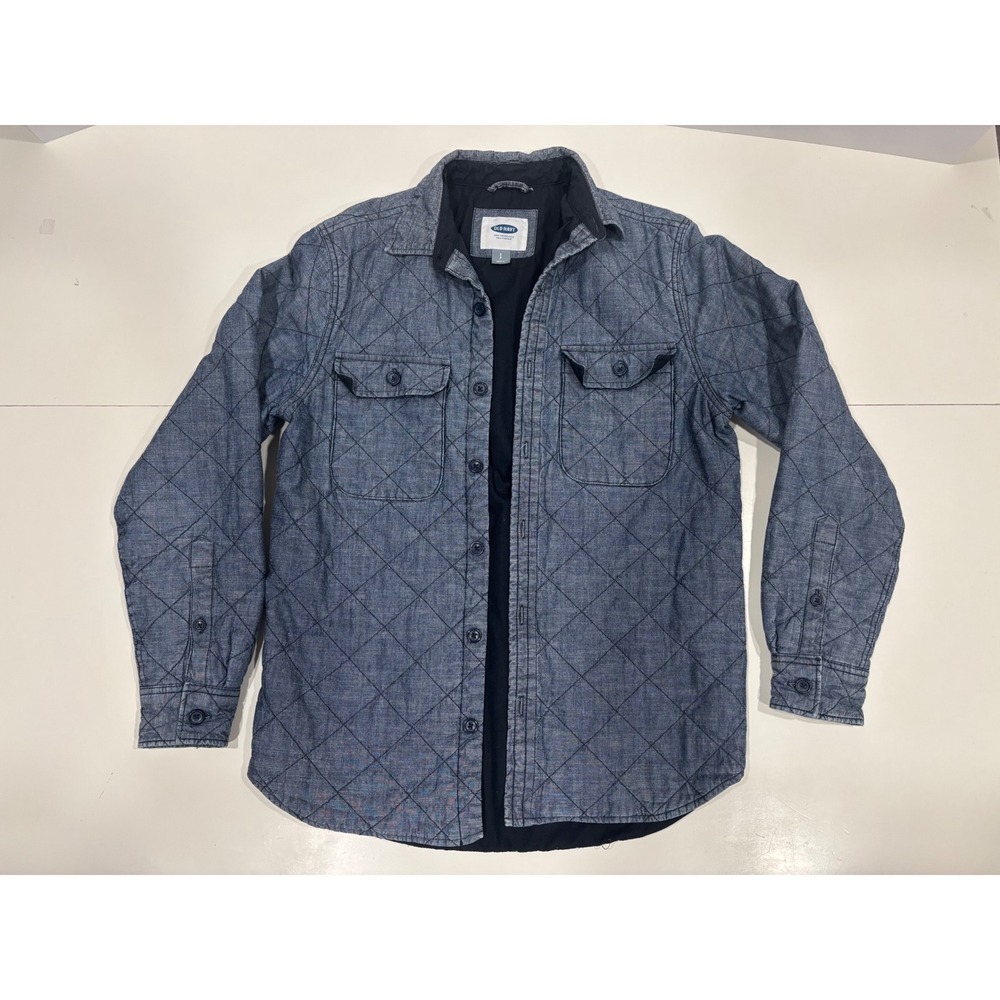 Old Navy Mens Small Blue Quilted Chambray Shirt Jacket Lined Button Up